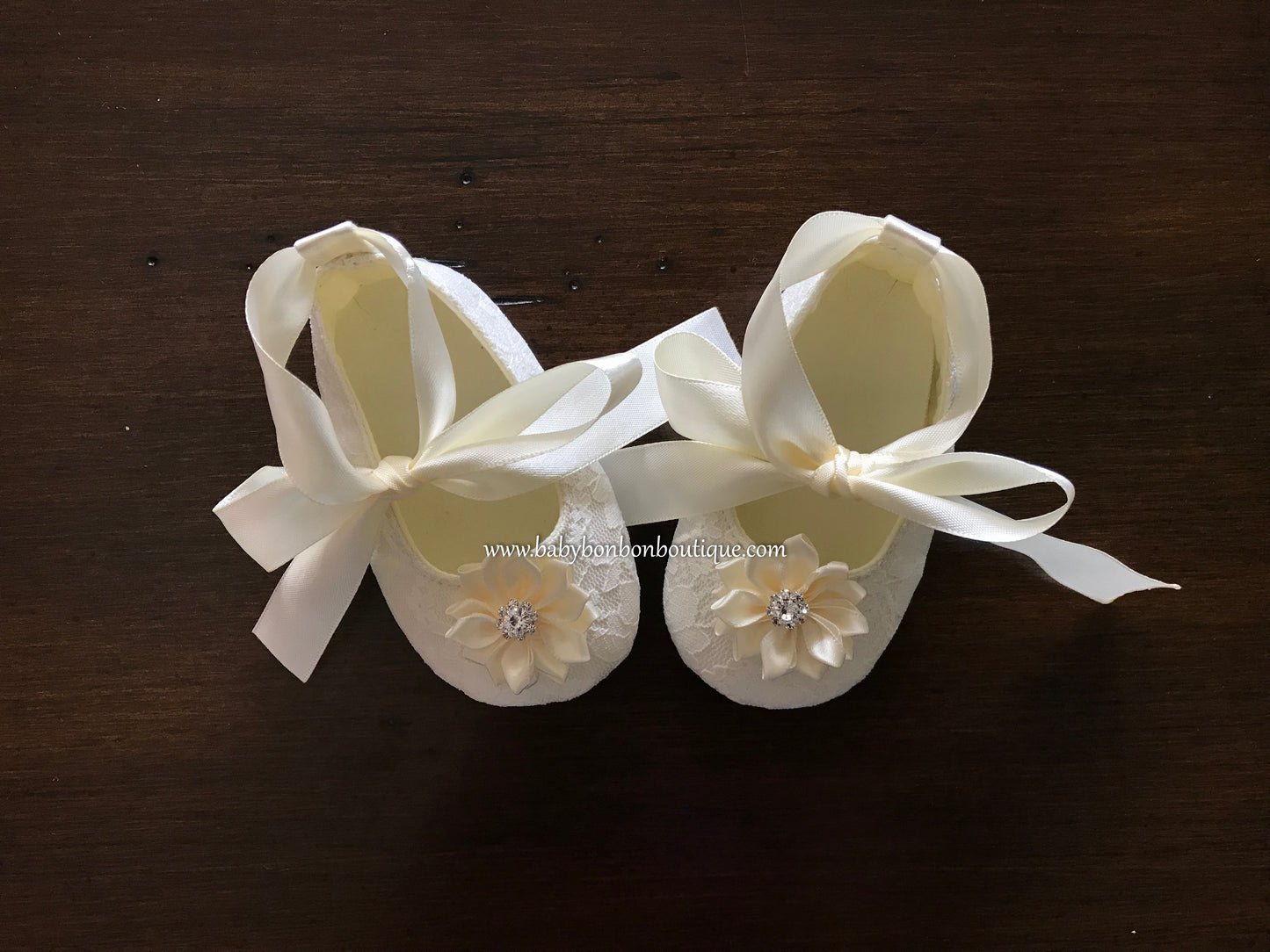 Ivory Baby Baptism Shoes with Flowers and Rhinestones