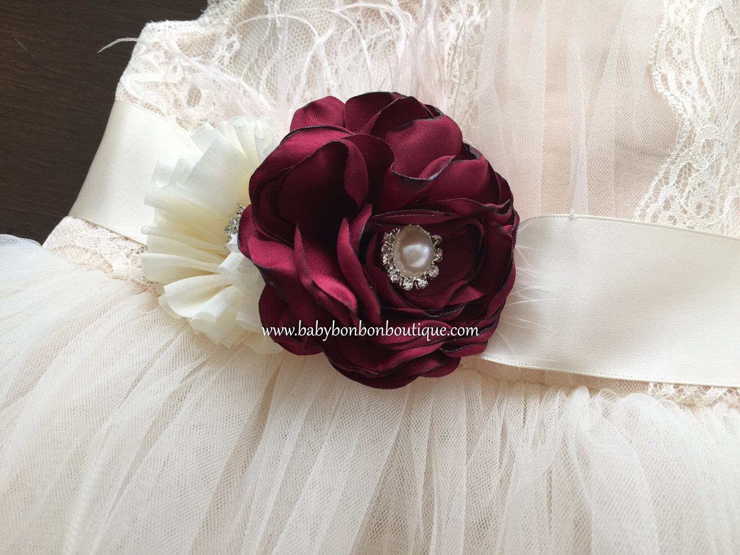 Vintage Red and Ivory Flower Girl Headband & Sash