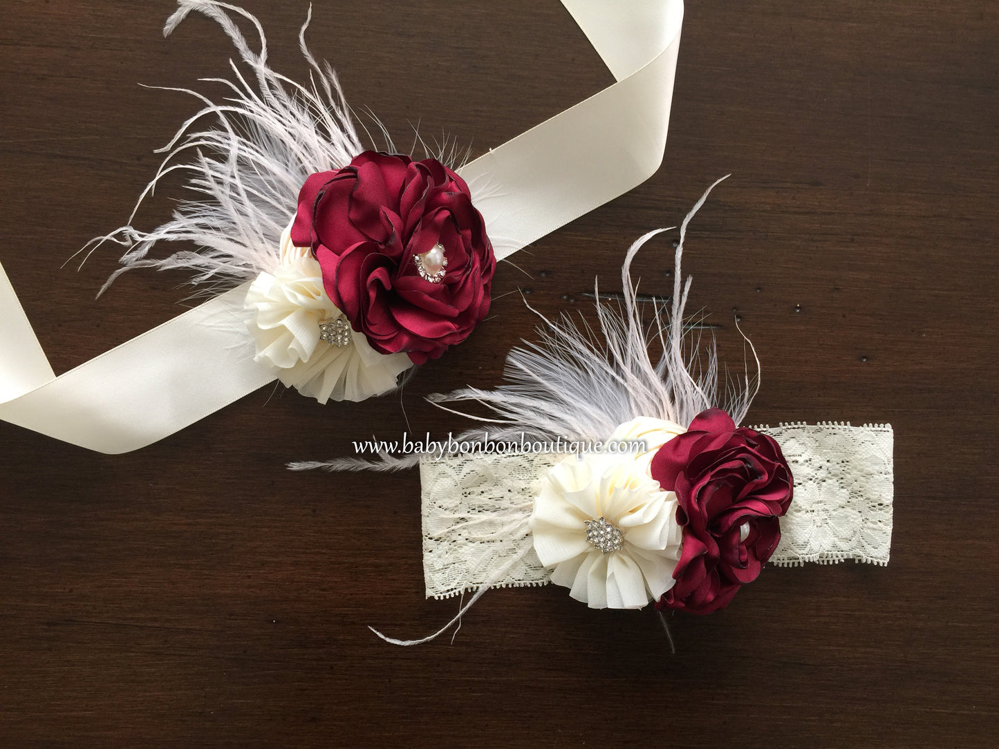 Vintage Red and Ivory Flower Girl Headband & Sash