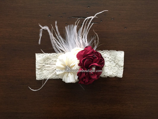 Vintage Red and Ivory Flower Girl Headband & Sash
