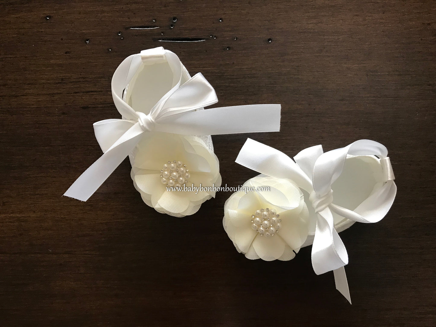 Baby Girl White Lace Baptism Shoes with Ivory Flowers