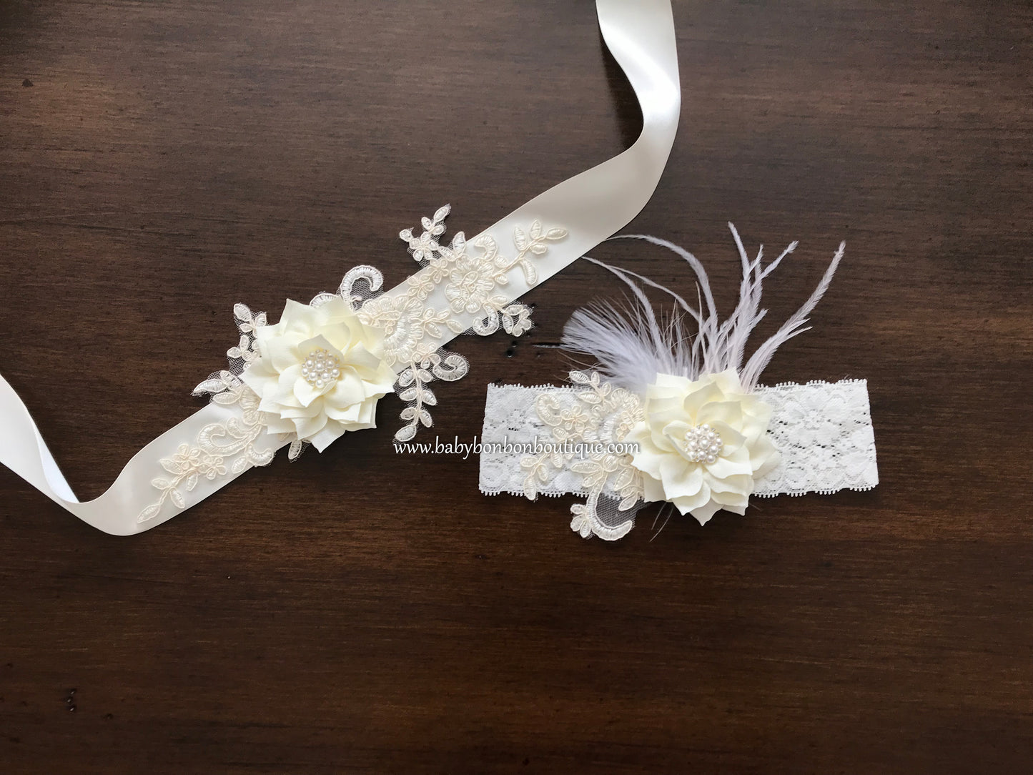 Ivory Lace Baptism Headband and Sash
