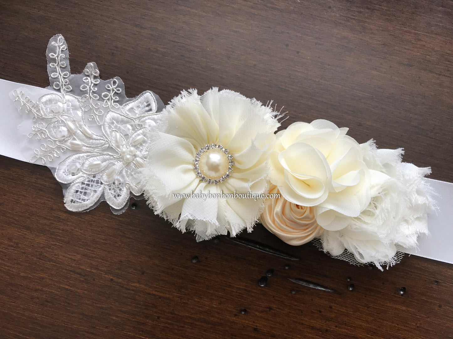French White and Ivory Baptism Headband & Sash