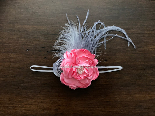 Pink, Ivory, and Gray Baby Headband, Sash, and Sandals