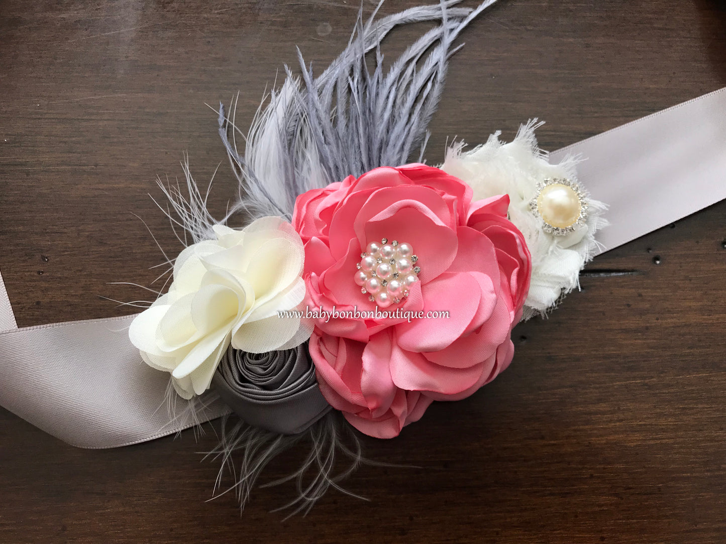 Pink, Ivory, and Gray Baby Headband, Sash, and Sandals