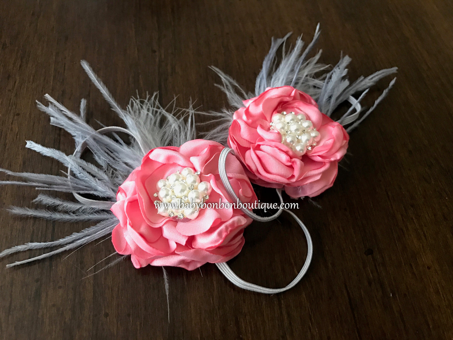 Pink, Ivory, and Gray Baby Headband, Sash, and Sandals