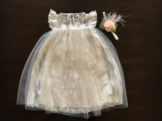 Vintage Cream Lace Christening Dress with Headband