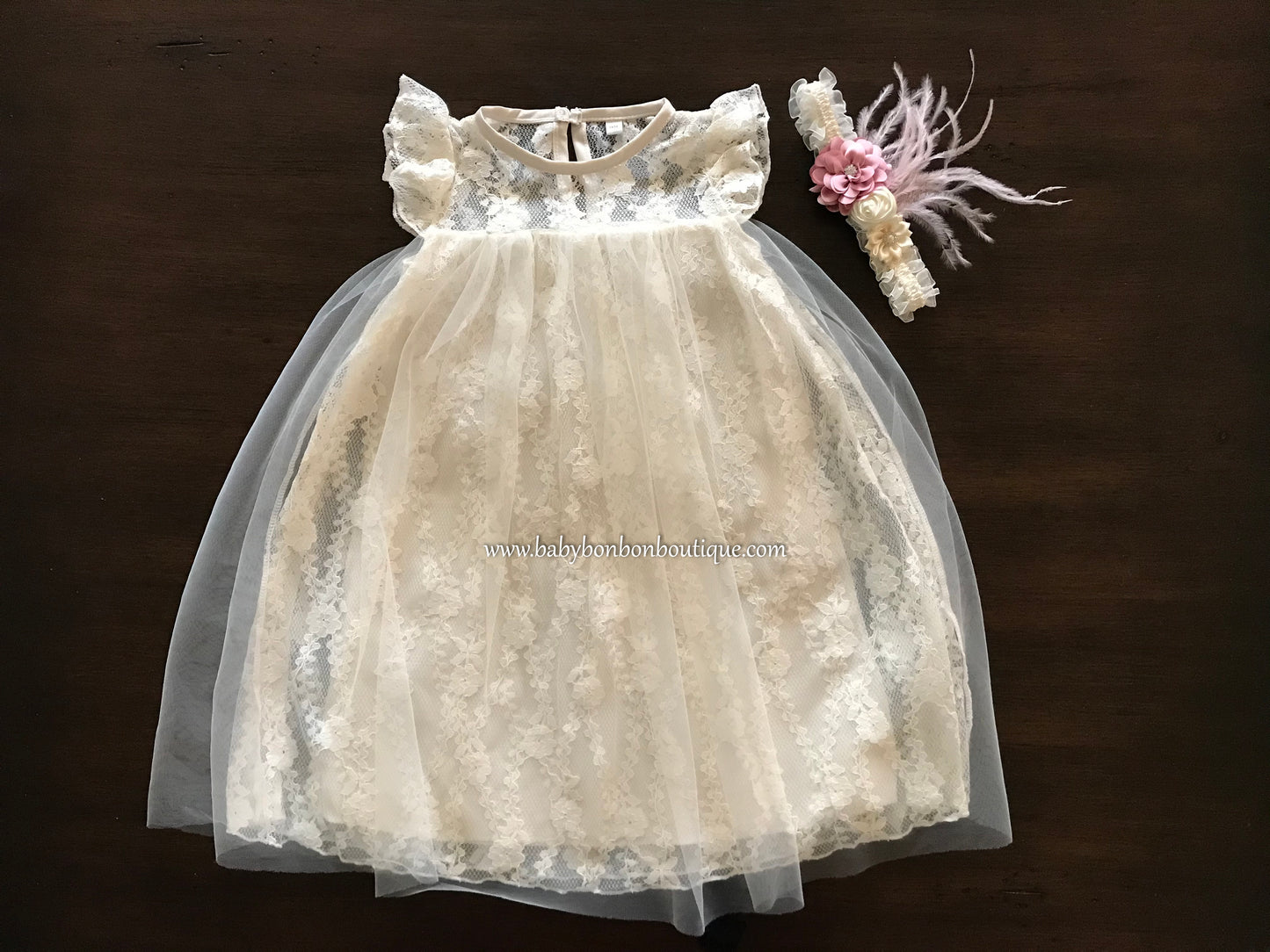 Vintage Cream Lace Christening Dress with Headband