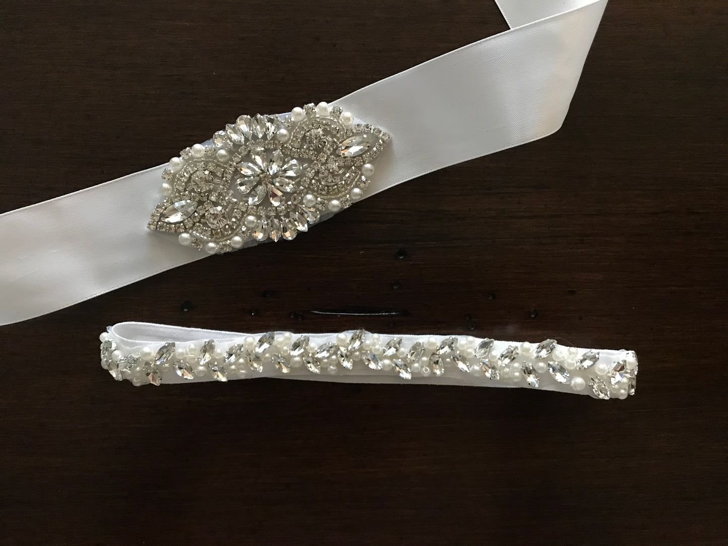 French White Christening Rhinestones and Pearl Headband & Sash