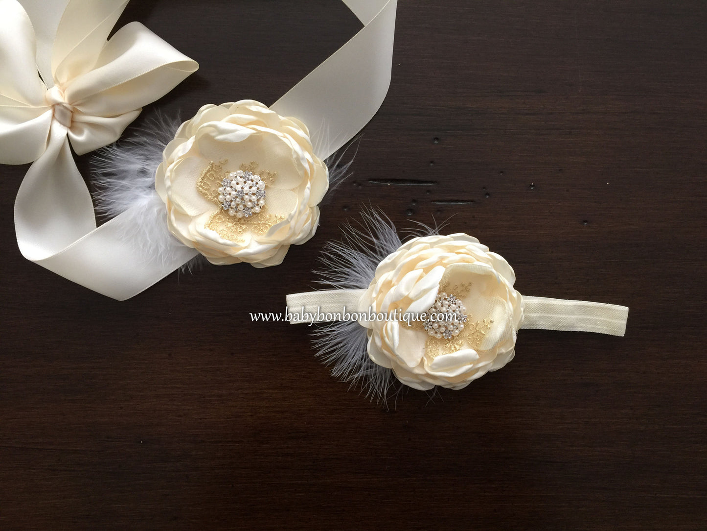 Vintage Cream Flower Baptism Headband & Sash
