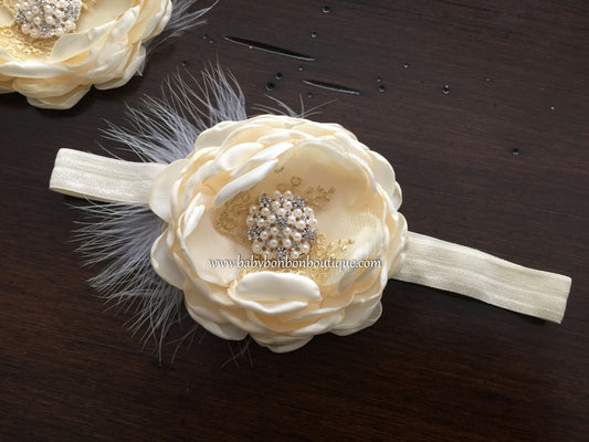 Vintage Cream Flower Baptism Headband & Sash