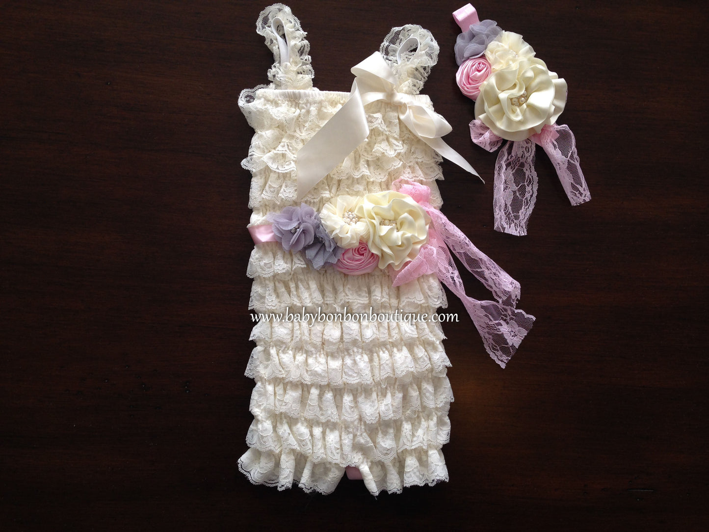 Baby Lace Romper with Ivory Headband & Sash