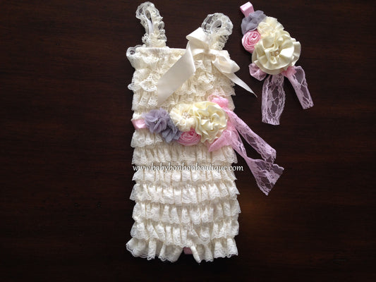 Baby Lace Romper with Ivory Headband & Sash