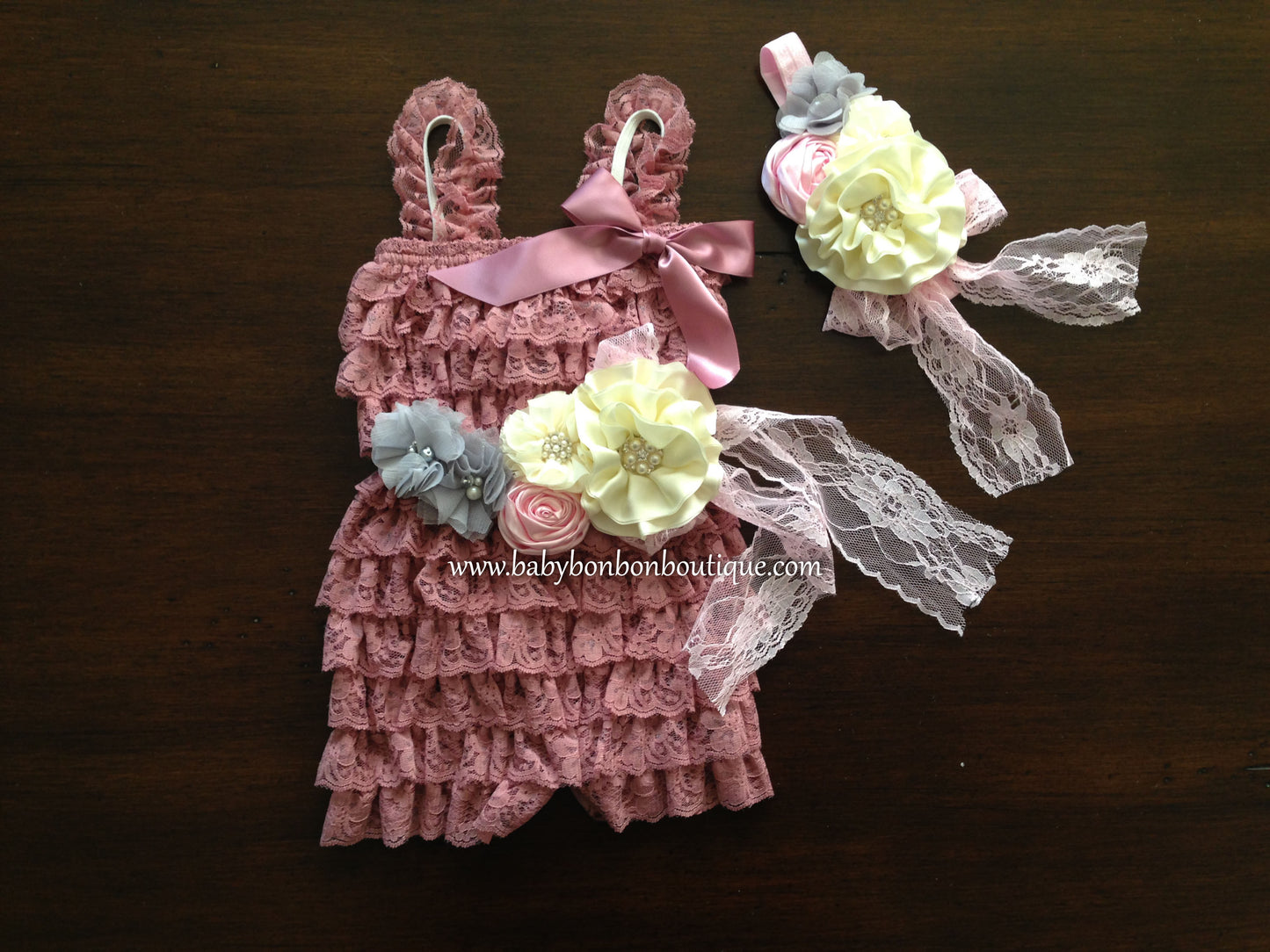 Baby Lace Romper with Ivory Headband & Sash