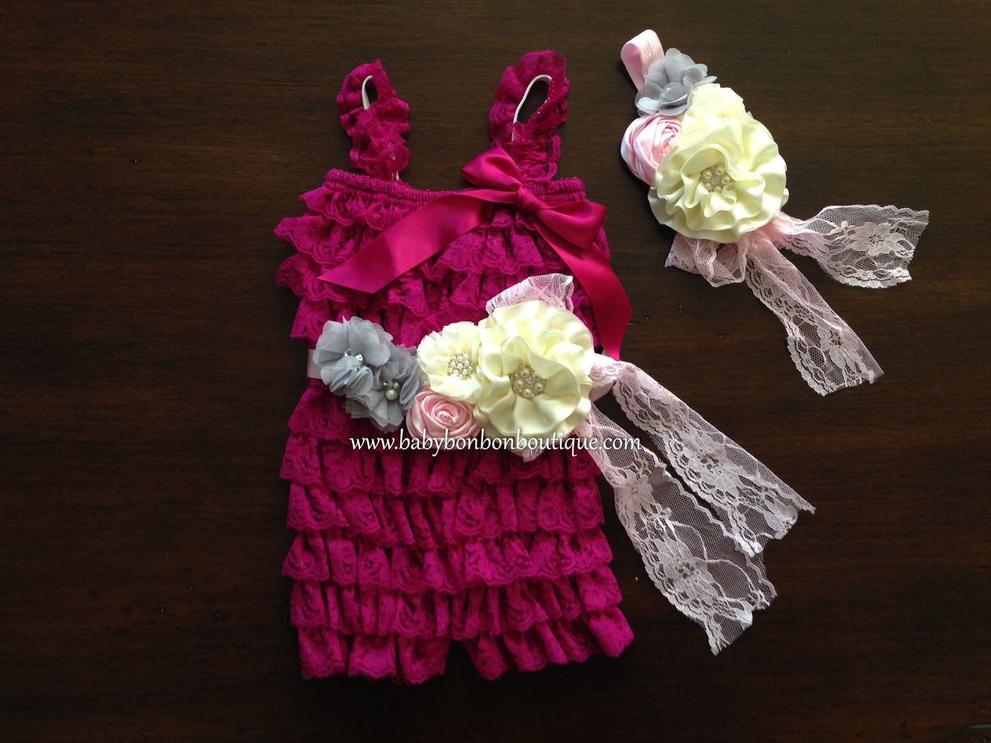 Baby Lace Romper with Ivory Headband & Sash