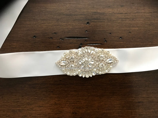 French White Baptism Rhinestone and Pearl Headband & Sash