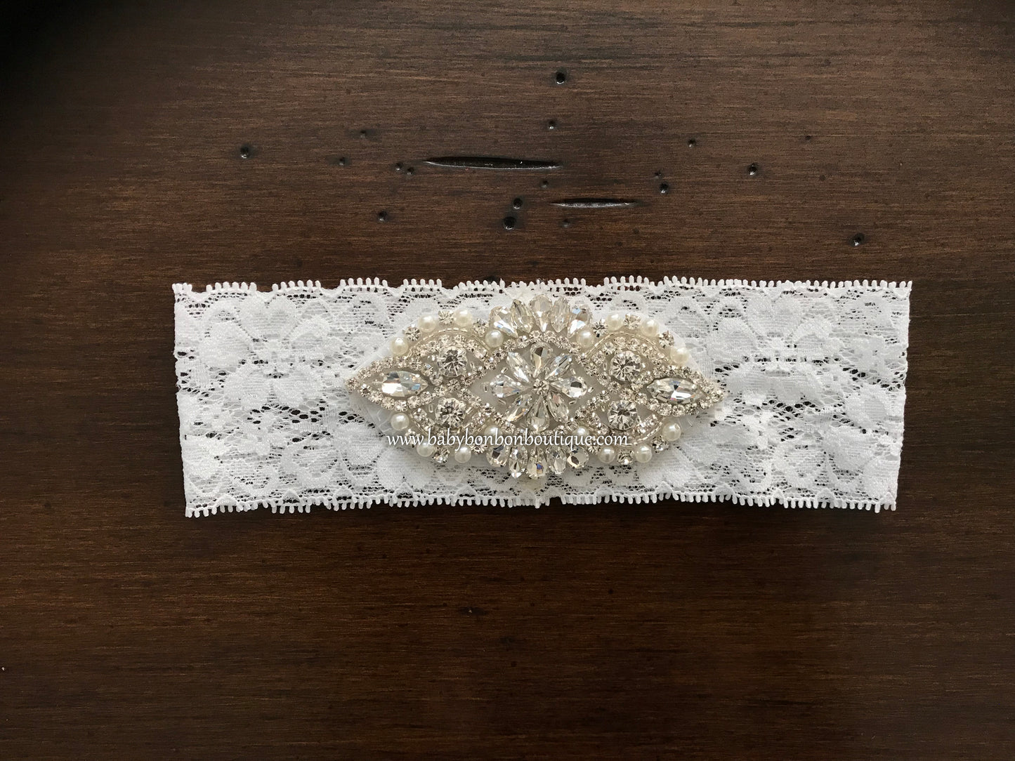 French White Baptism Rhinestone and Pearl Headband & Sash