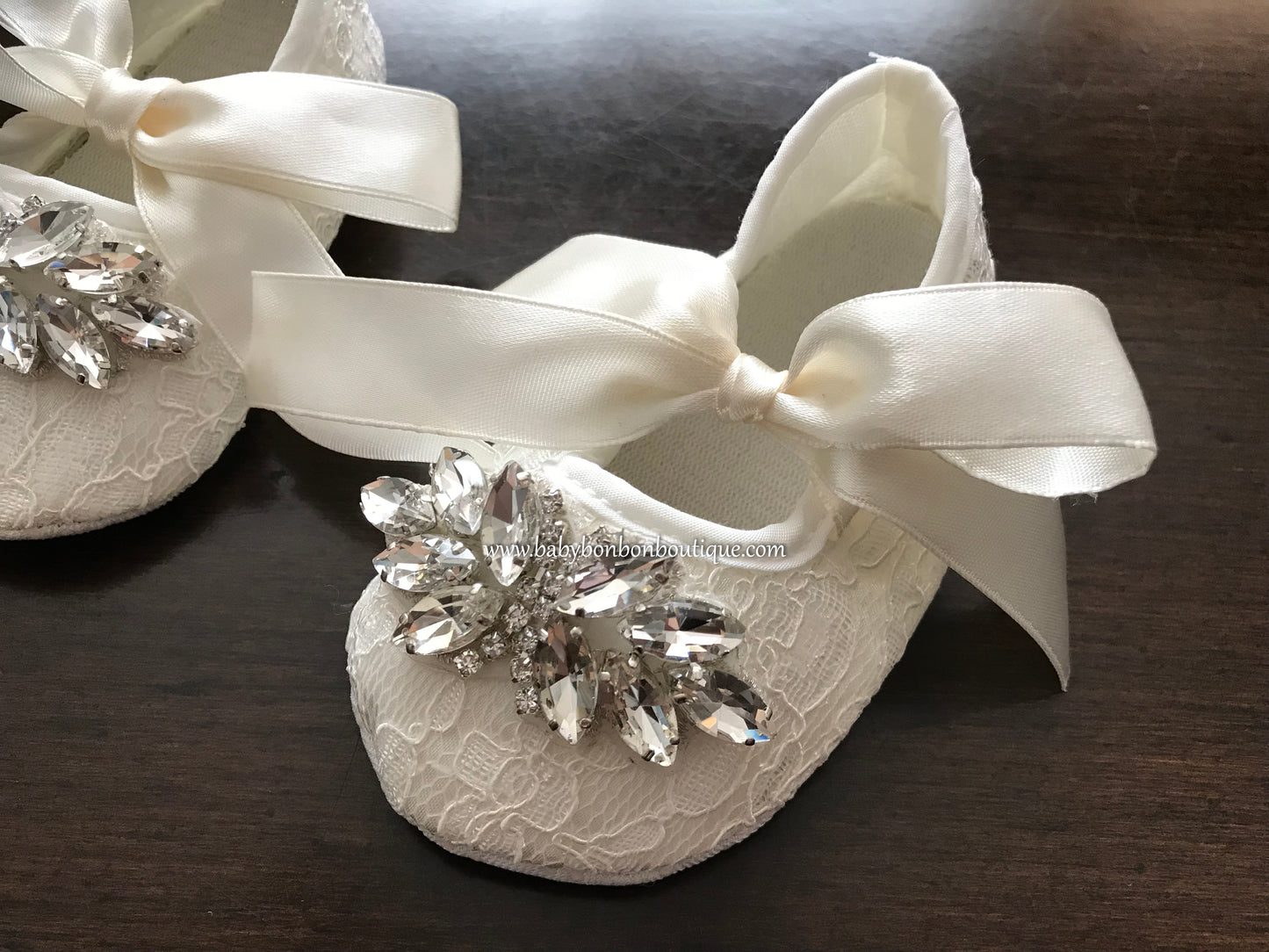 Baby Girl French White Christening Lace Shoes with Rhinestones