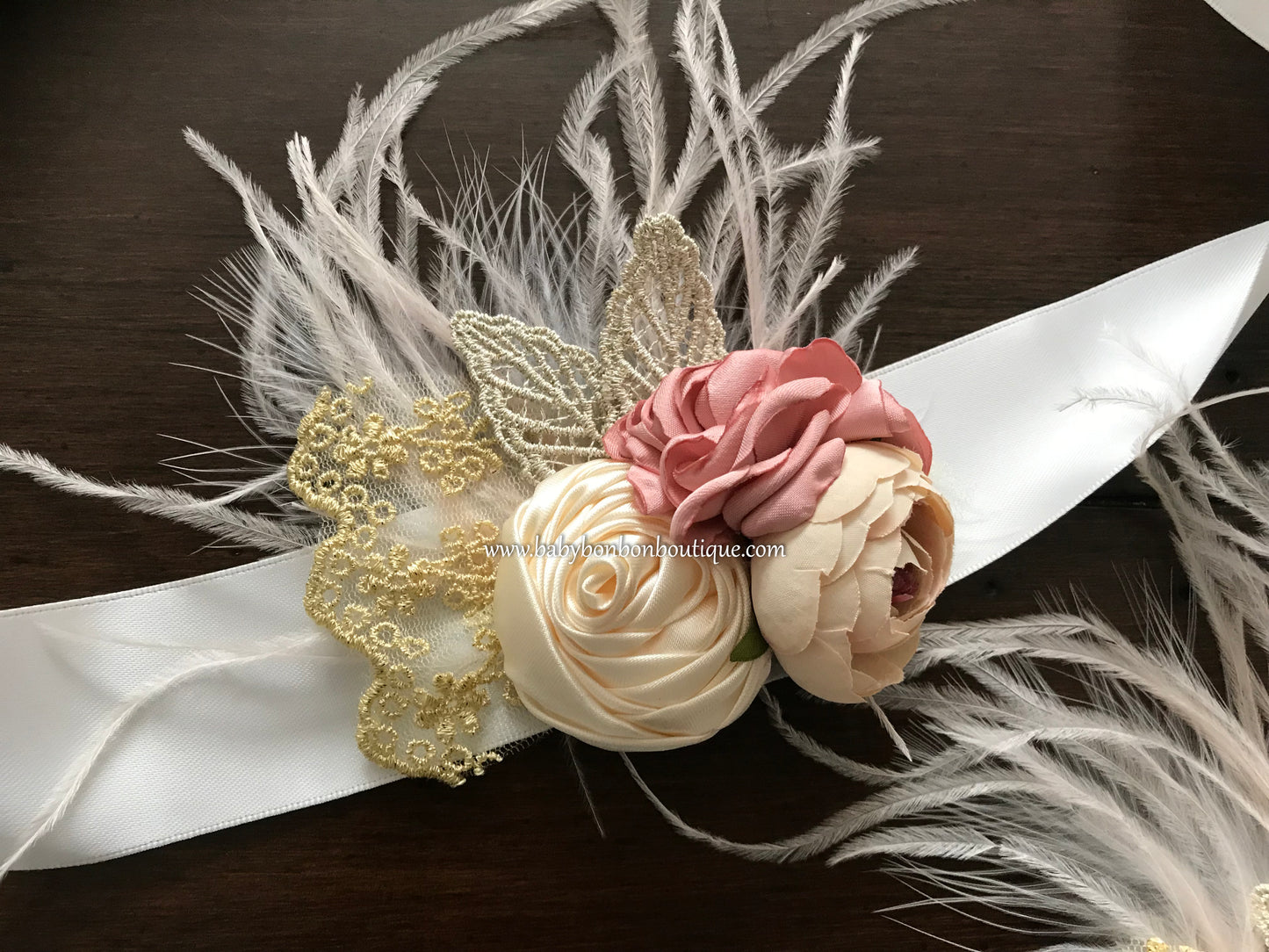 Dusty Rose & French Cream Flower Girl Headband, Sash and Barefoot Sandals