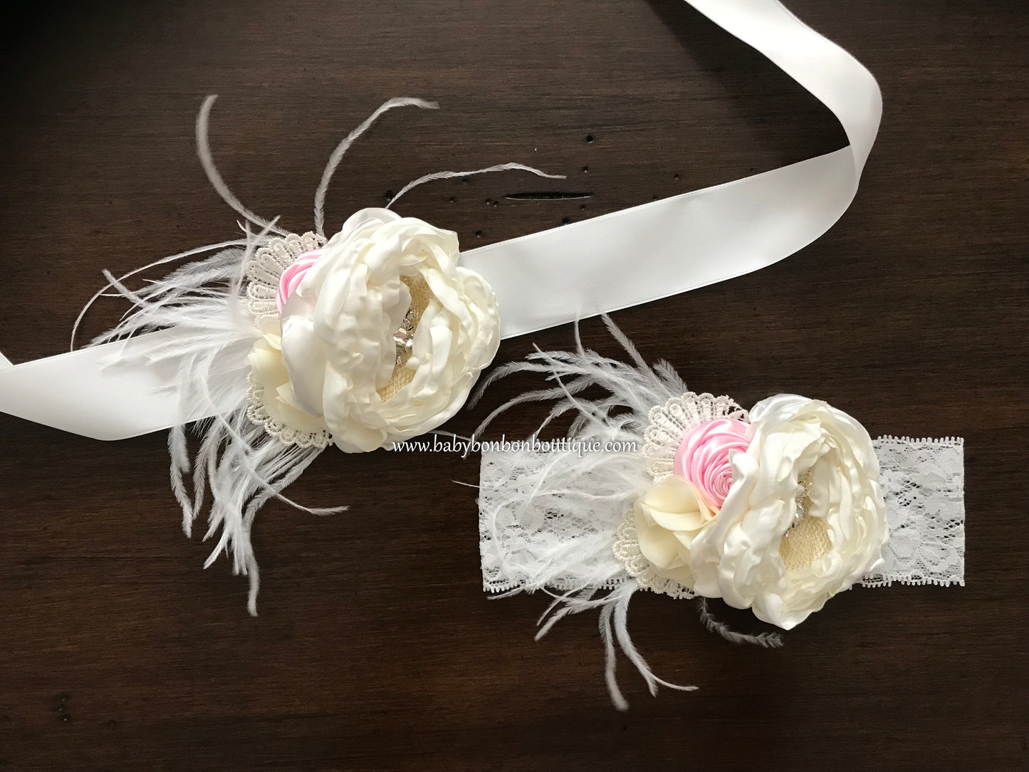 Ivory & Baby Pink Baptism Headband and Sash