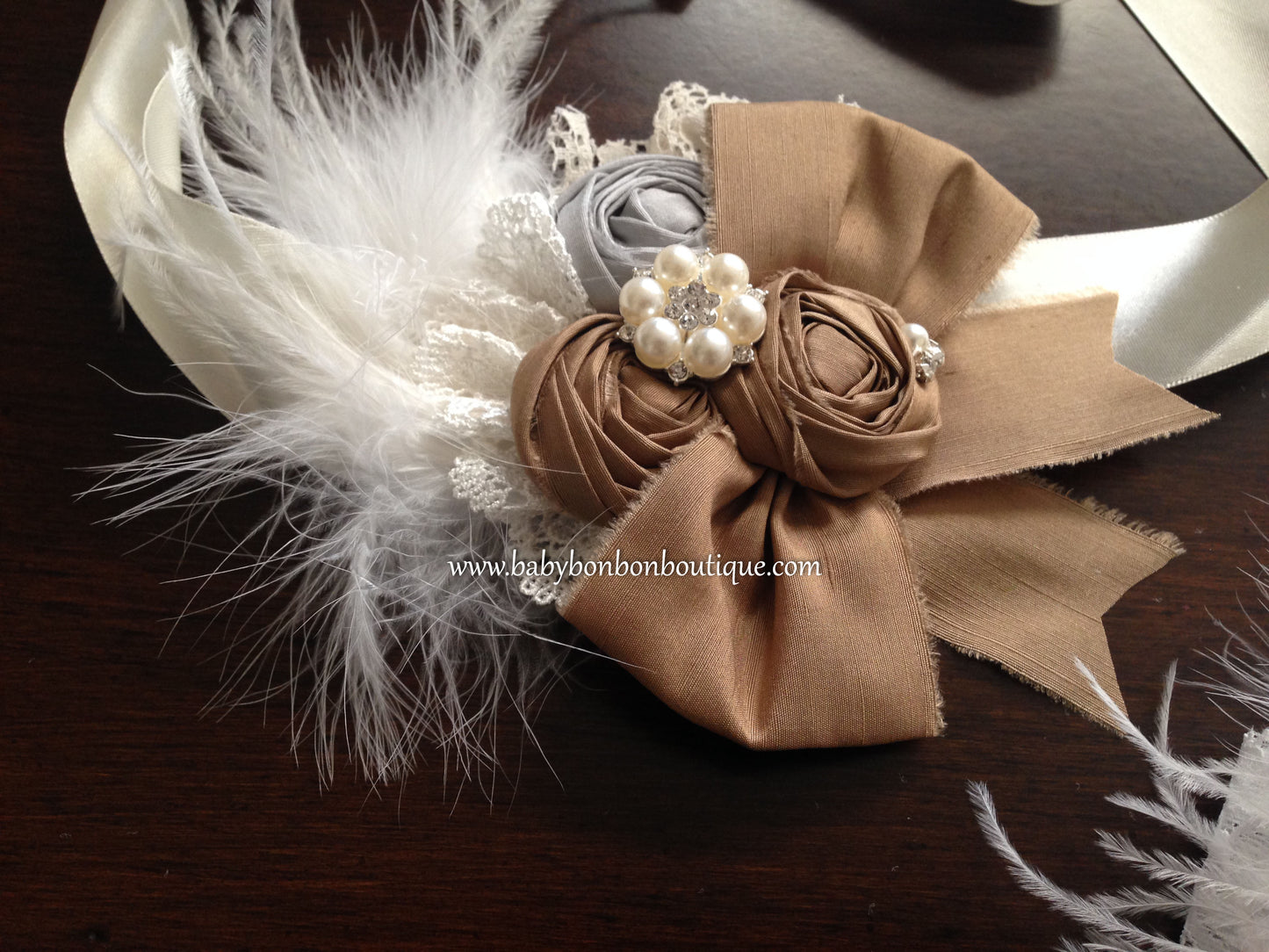 Vintage Brown Rosette Headband, Sash