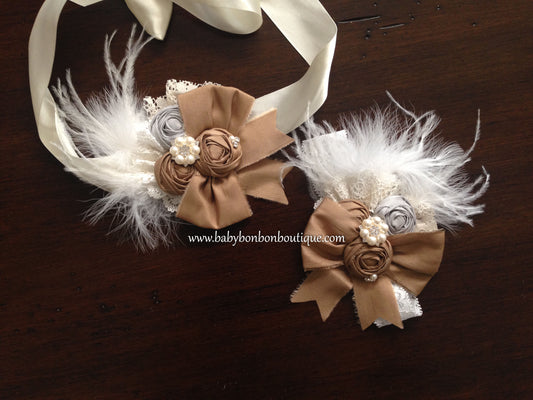 White and Vintage Brown Rosette Headband, Sash