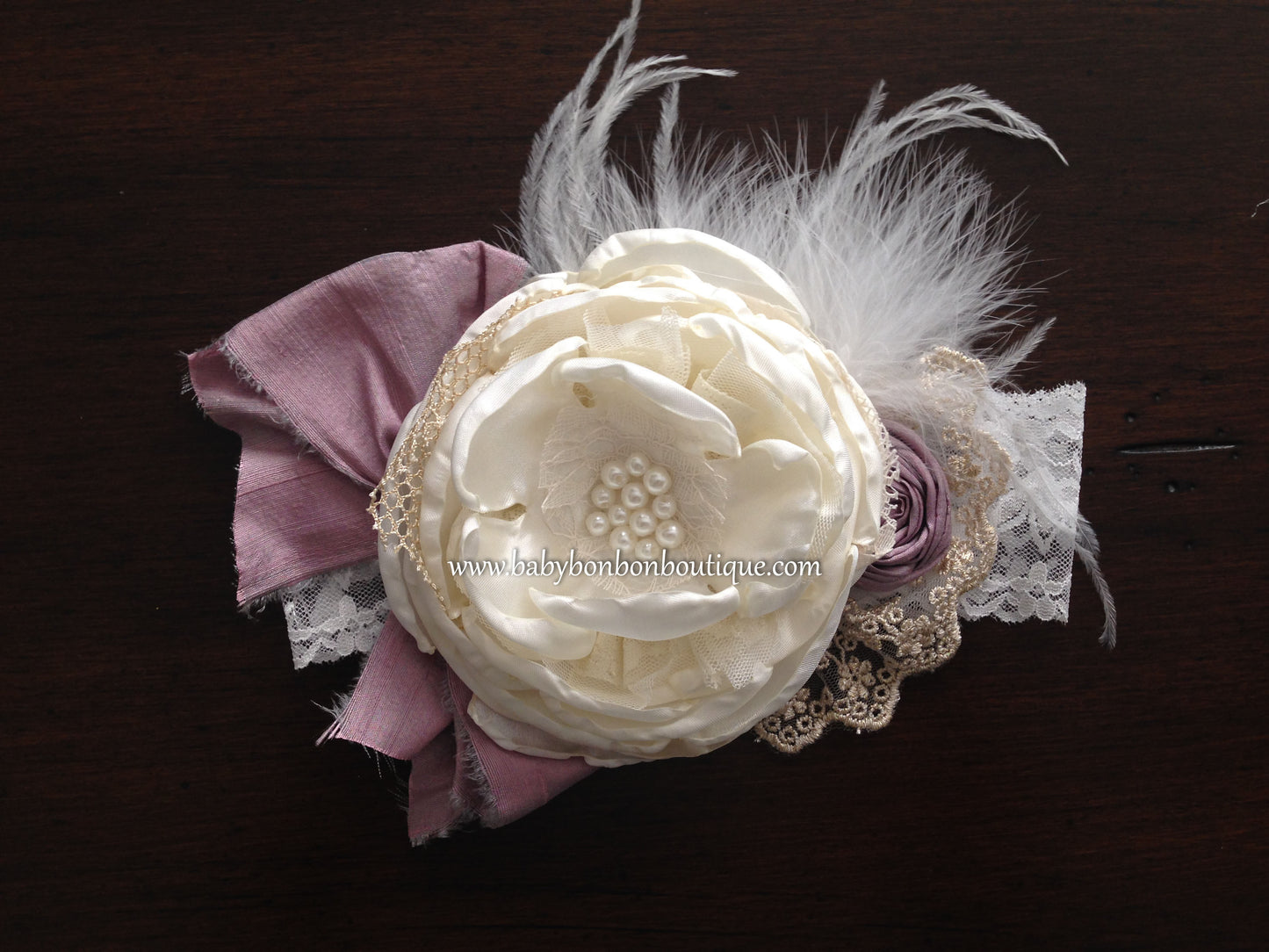 Ivory & Vintage Orchid Silk Baptism Headband and Sash