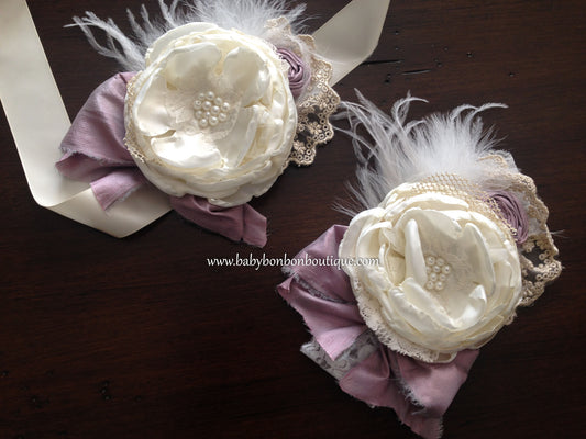 Ivory & Vintage Orchid Silk Baptism Headband and Sash