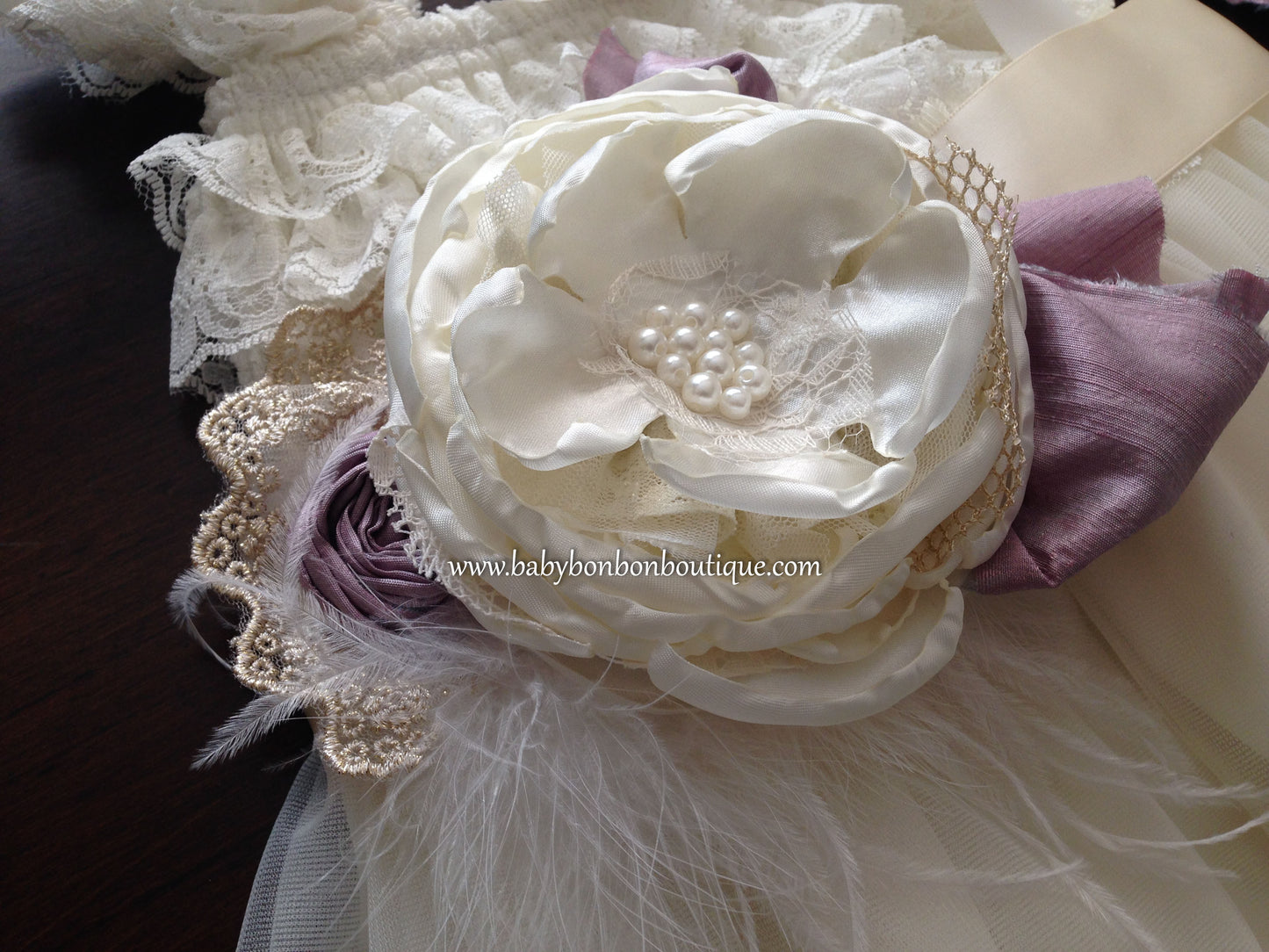 Ivory & Vintage Orchid Silk Baptism Headband and Sash