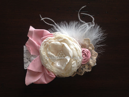 Ivory & Baby Pink Silk Baptism Headband and Sash
