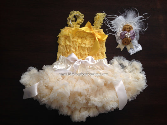 Yellow and Ivory Fluffy Skirt Set with Vintage Rosette Headband