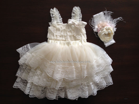 Vintage Lace Romper and Fluffy Lace Skirt with Headband