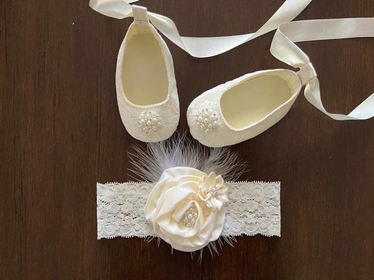 White Baptism Crib Shoes & Rhinestone Headband Set
