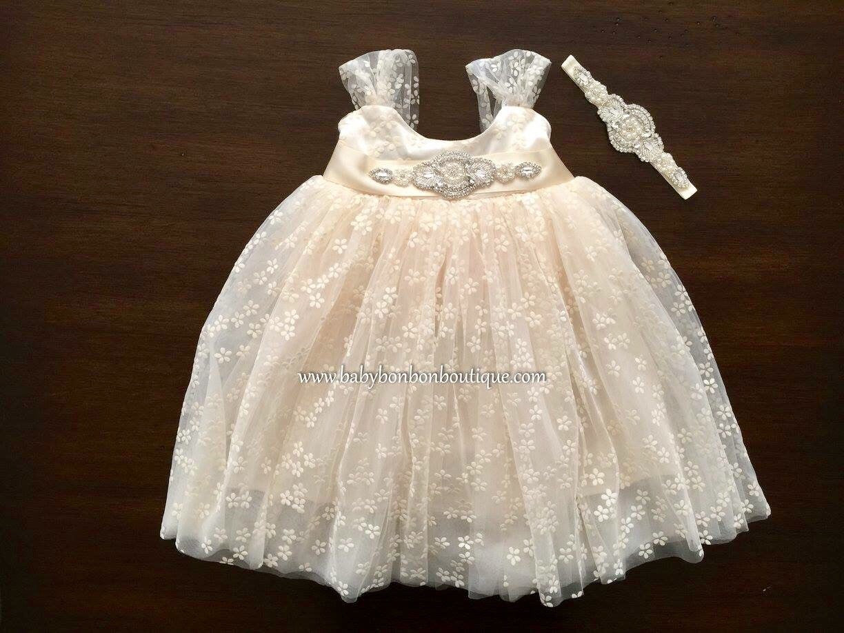 Baptism Tulle Dress with Rhinestones Headband and Sash