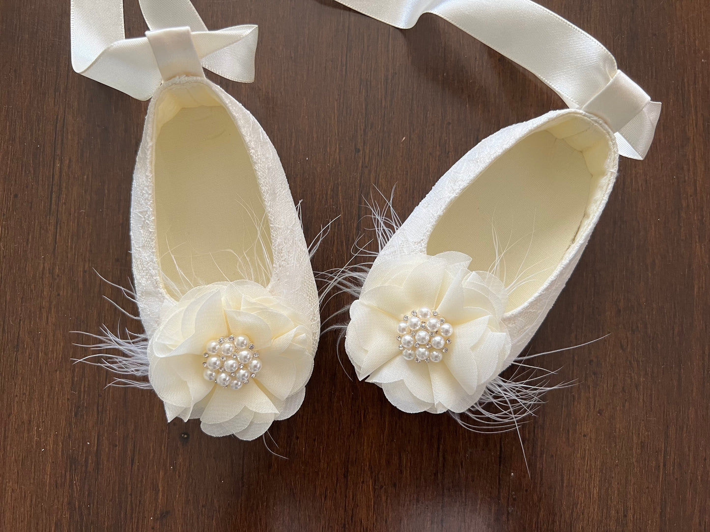 Ivory Baptism Shoes with Flowers, Pearls, & Rhinestones