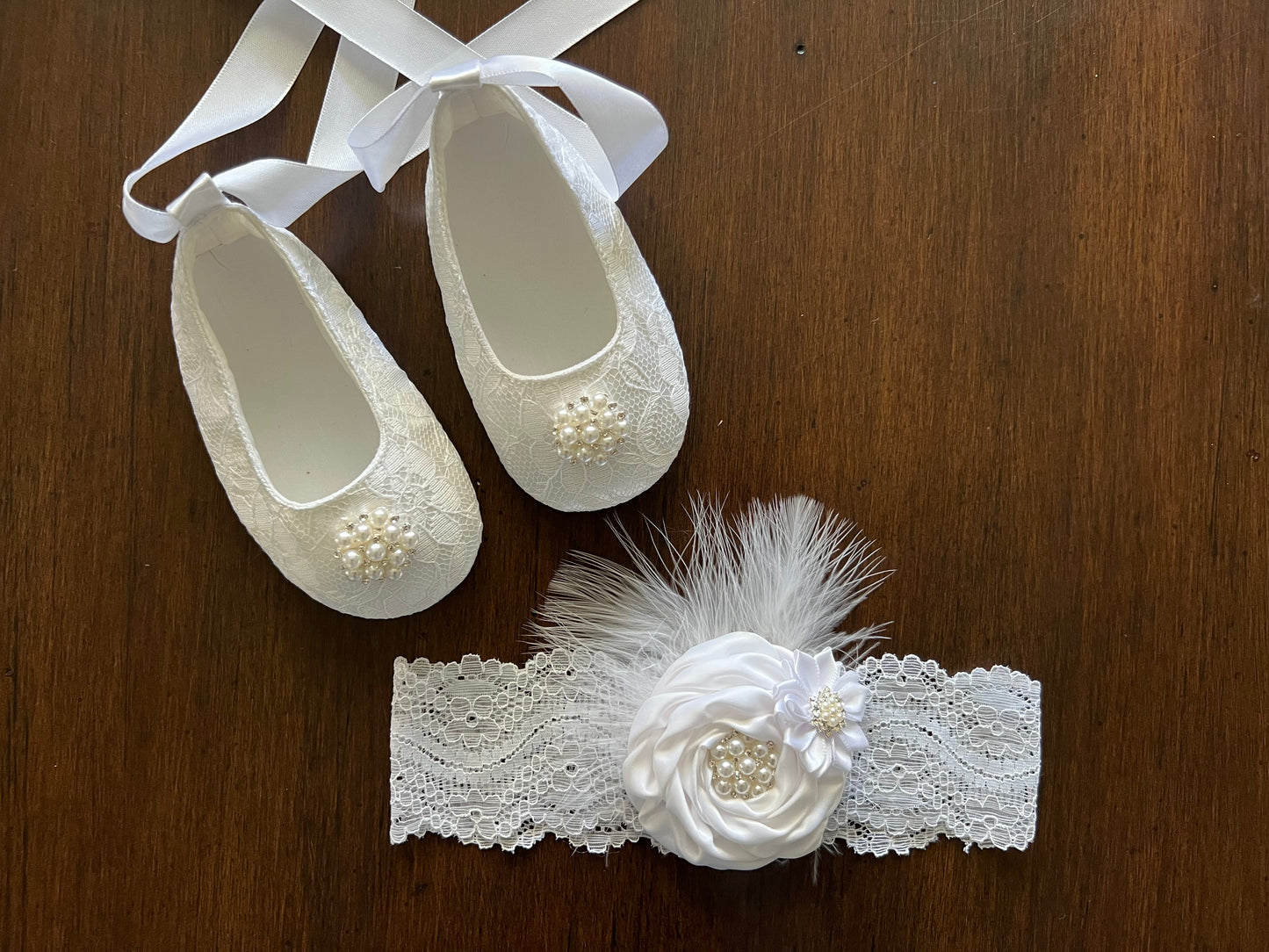 Ivory or White Baptism Crib Shoes & Rhinestone Headband Set