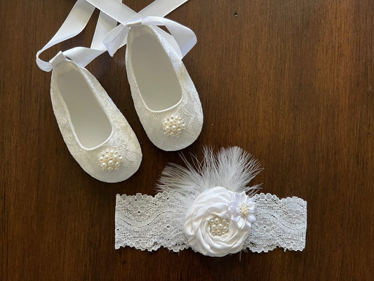 Ivory or White Baptism Crib Shoes & Rhinestone Headband Set