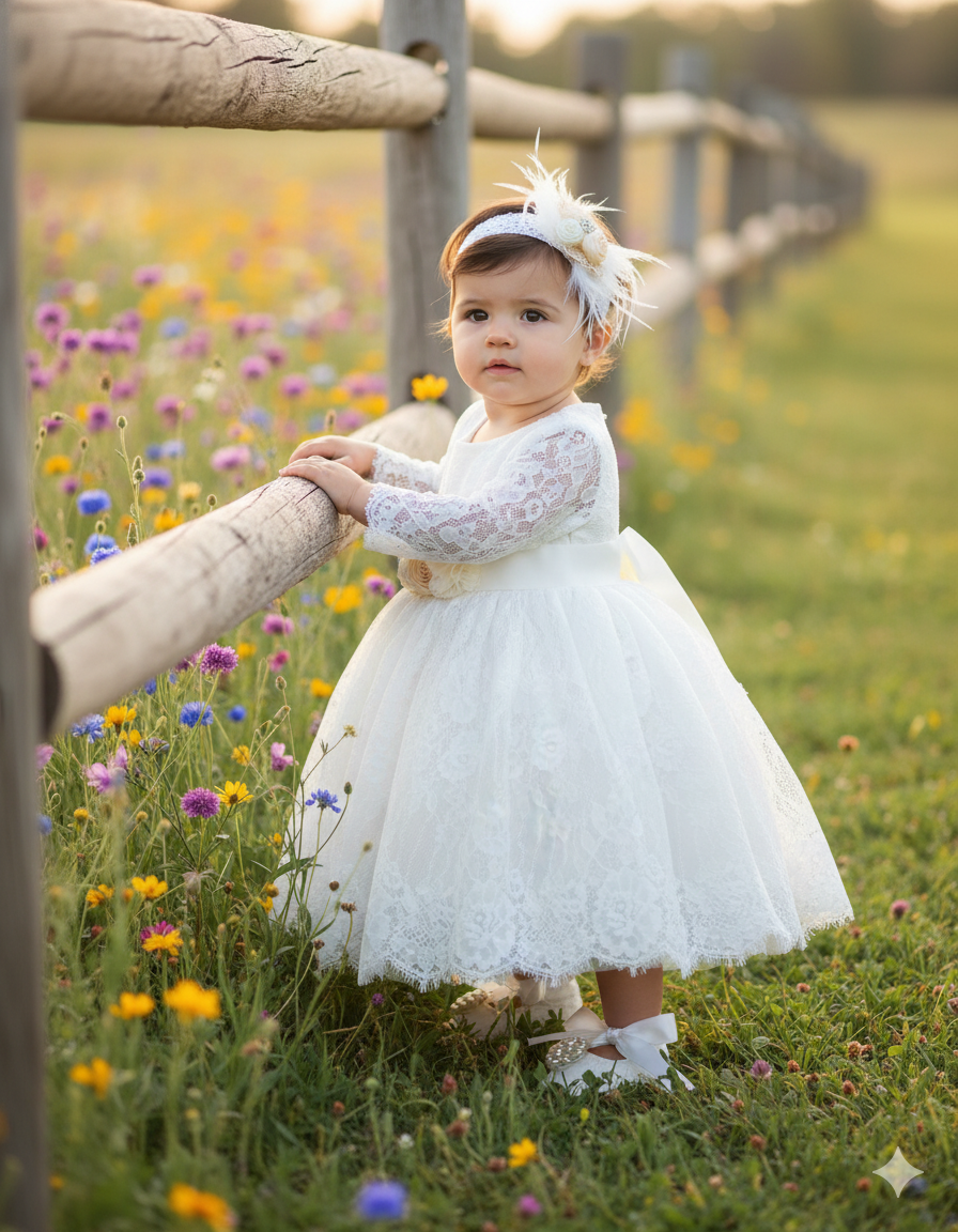 White Baptism Lace Dress with Headband