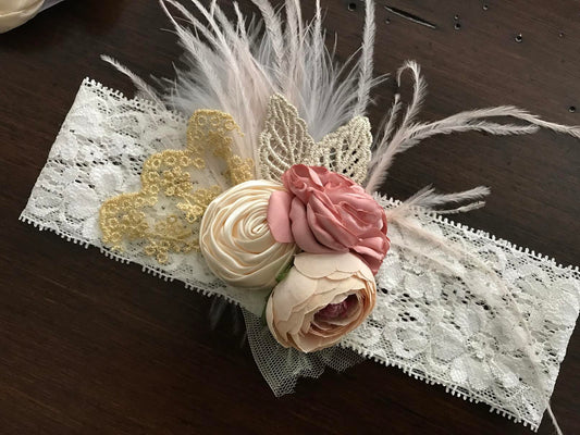 Dusty Rose & French Cream Flower Girl Headband and Sash