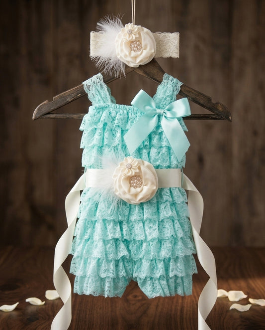Baby Girl Vintage Lace Romper with Ivory Headband & Sash Set