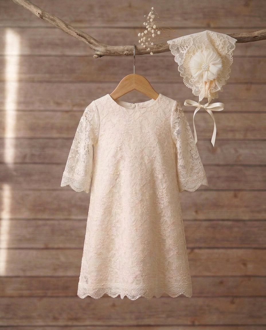 Baby Girl Champagne Lace Baptism Dress with Bonnet