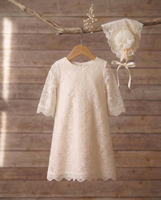 Baby Girl Champagne Lace Baptism Dress with Bonnet