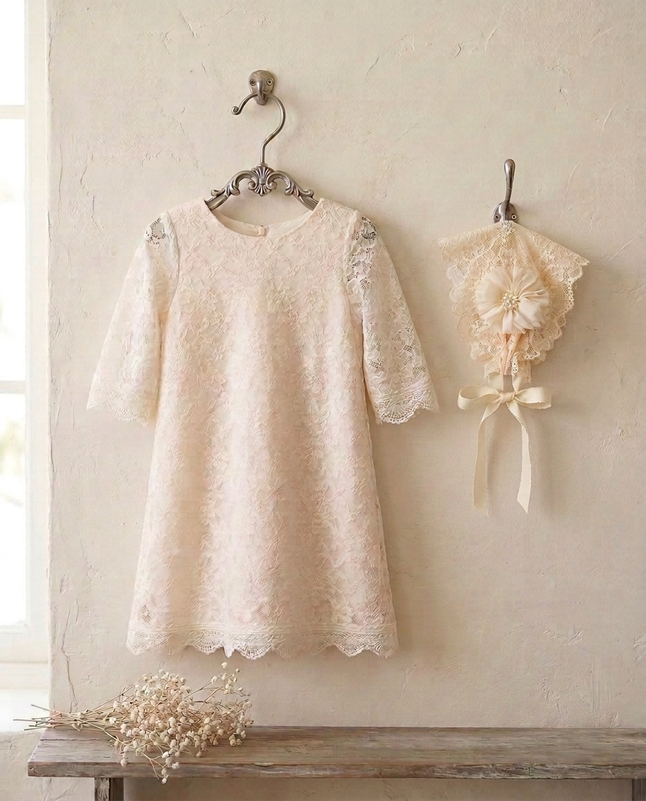 Baby Girl Champagne Lace Baptism Dress with Bonnet