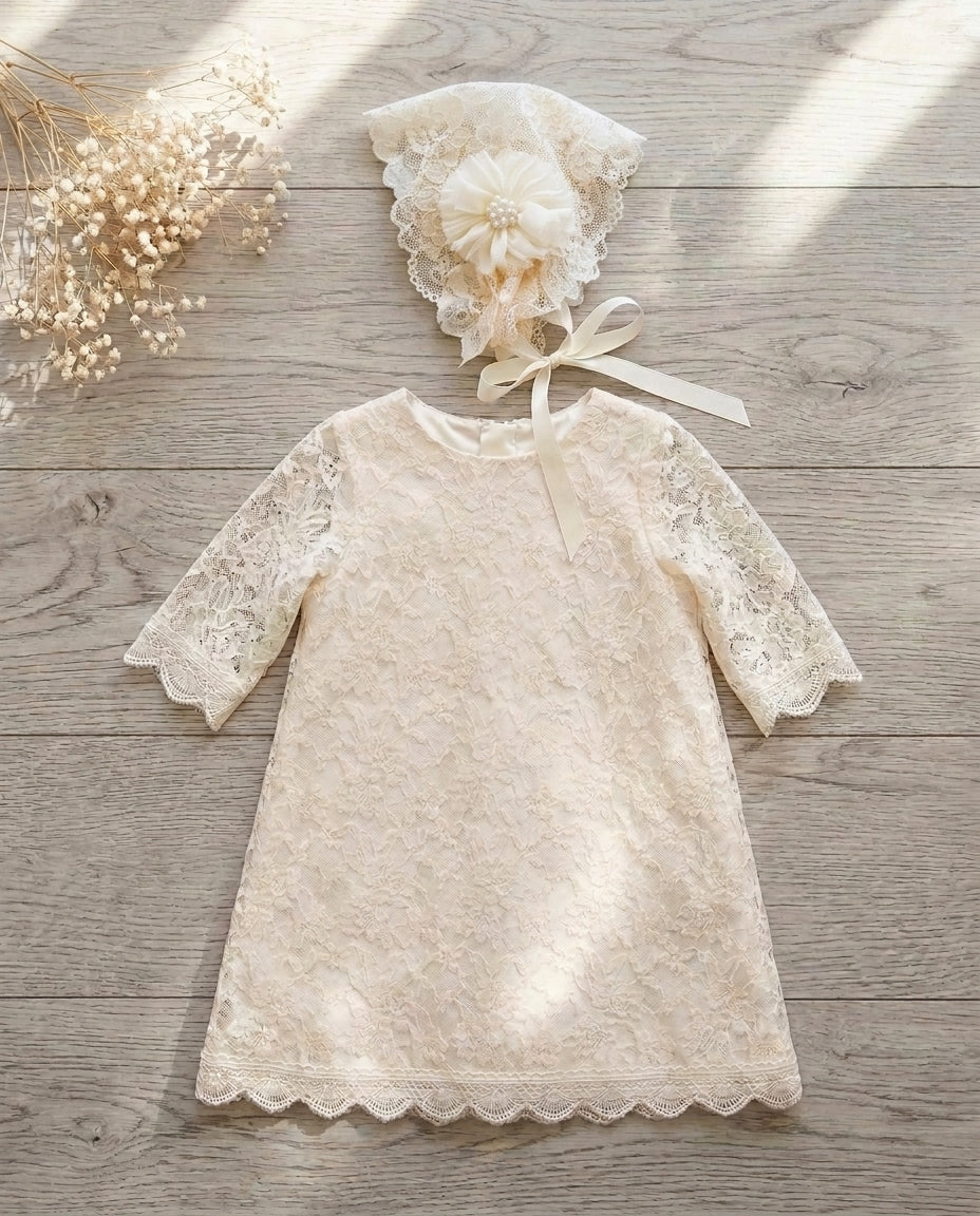 Baby Girl Champagne Lace Baptism Dress with Bonnet