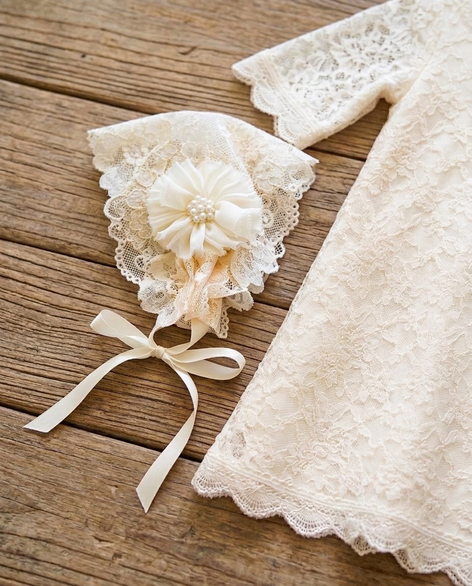Baby Girl Champagne Lace Baptism Dress with Bonnet