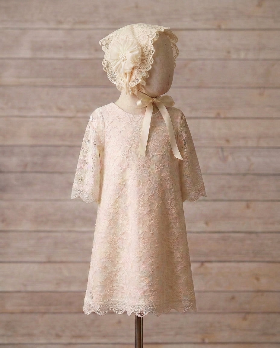 Baby Girl Champagne Lace Baptism Dress with Bonnet