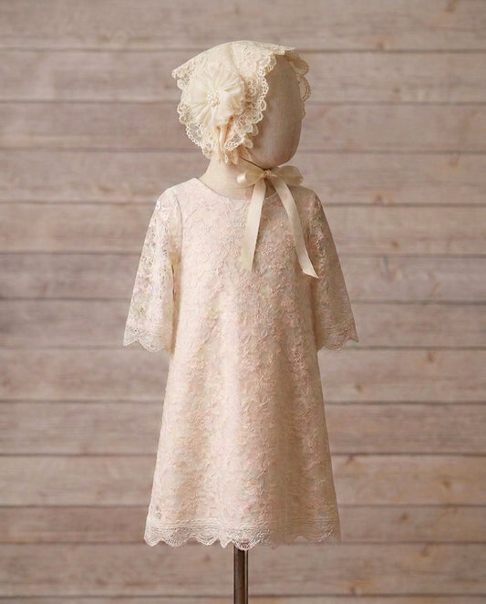 Baby Girl Champagne Lace Baptism Dress with Bonnet