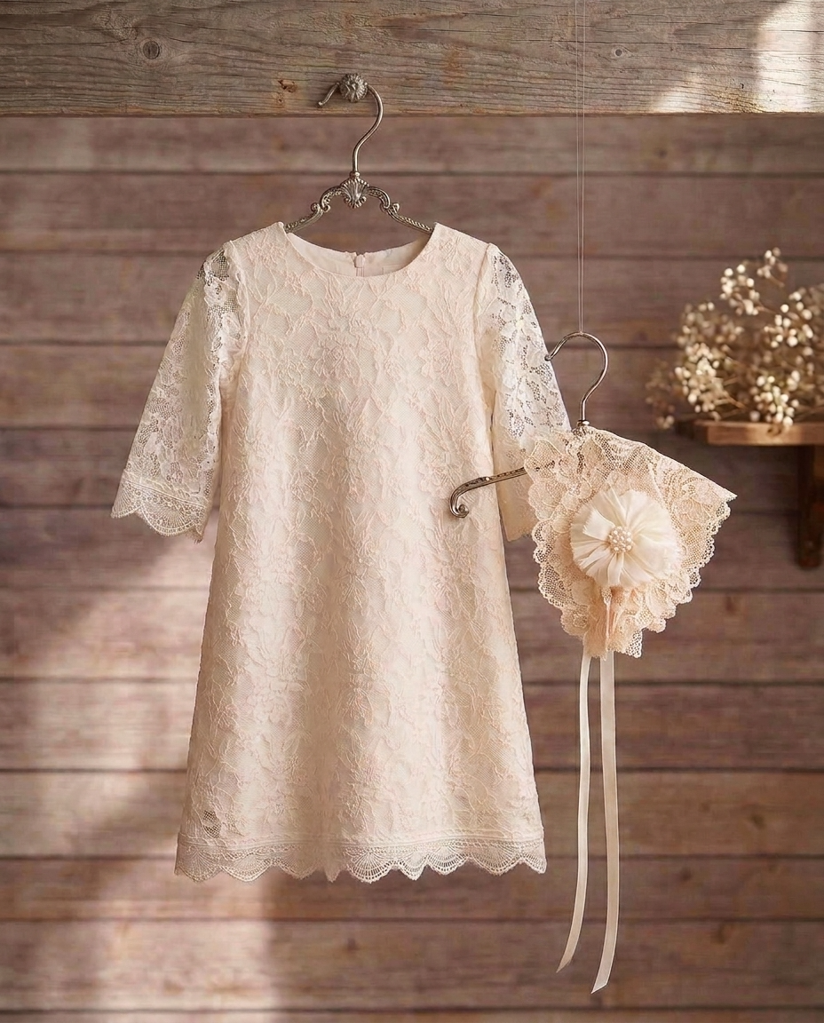 Baby Girl Champagne Lace Baptism Dress with Bonnet