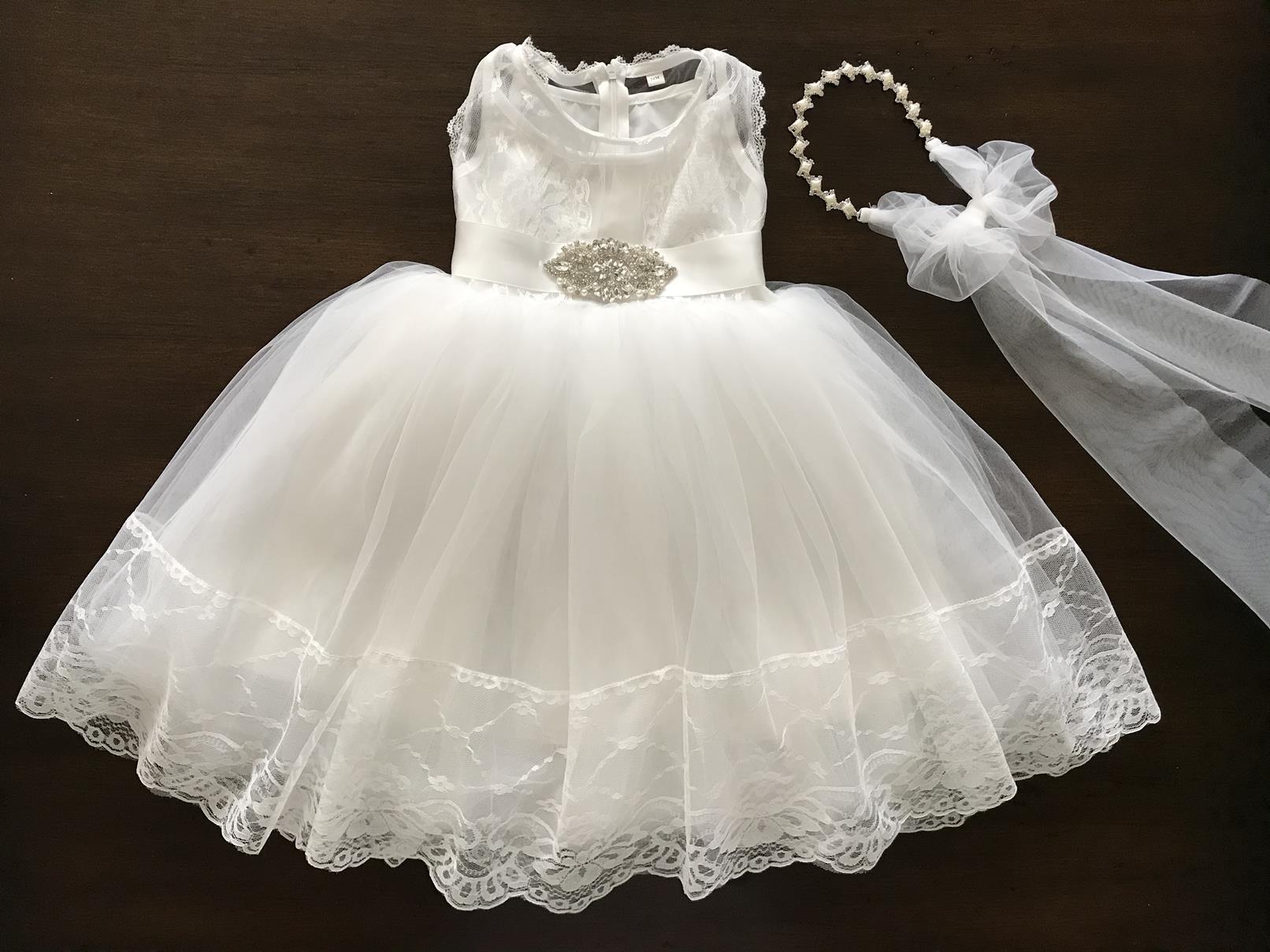 Baby Girl French White Baptism Dress with Rhinestones Headband & Sash French White/Veil / 3-6 Months