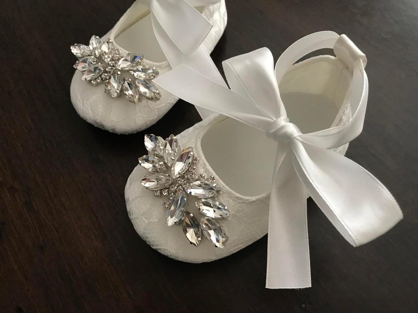 Baby Girl French White Christening Lace Shoes with Rhinestones